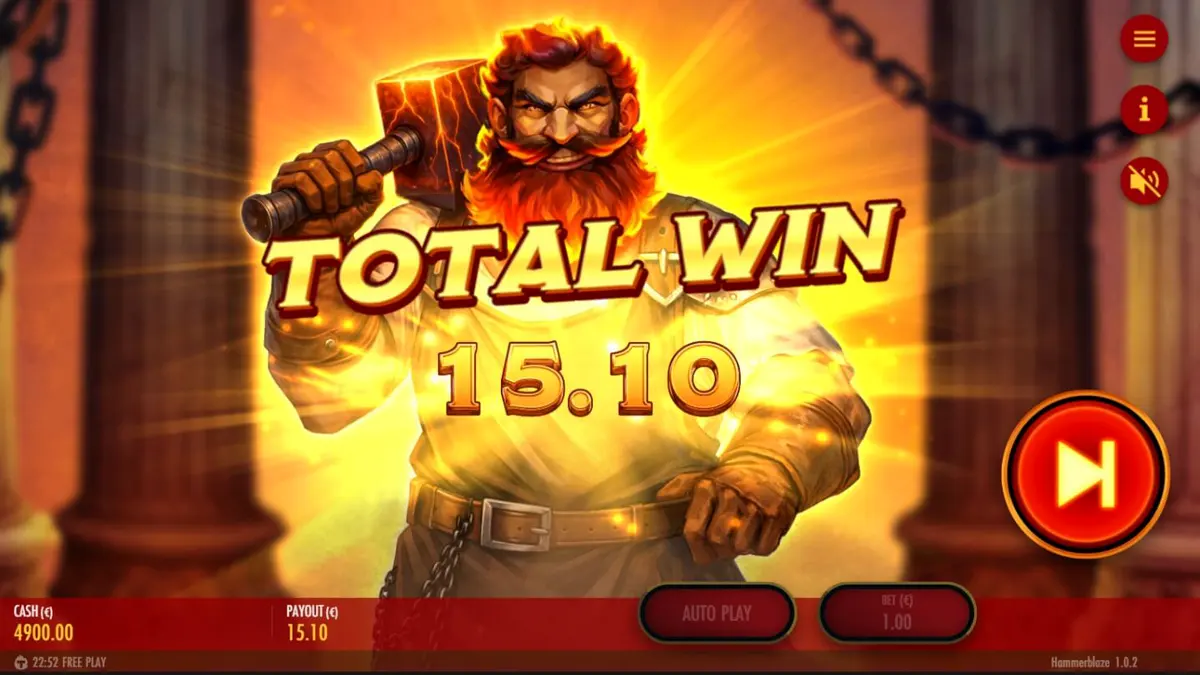 Tampilan grid 7x7 dalam permainan slot Hammerblaze dengan latar belakang tempaan vulkanik
