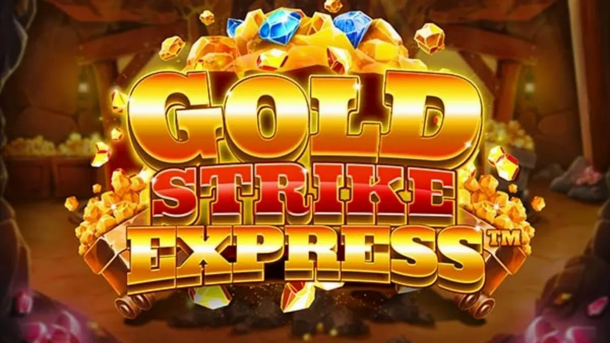 Tampilan visual slot Gold Strike Express dengan tema pertambangan dan jalur kereta api di atas gulungan.